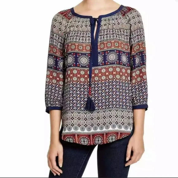 Like New Daniel Rainn Stitch Fix Paisley 3/4 Sleeve Length Blouse with Tassels - Picture 1 of 14